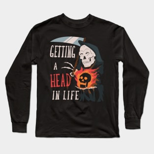 Funny Grim Reaper With Flaming Skull Getting Ahead In Life Halloween Long Sleeve T-Shirt